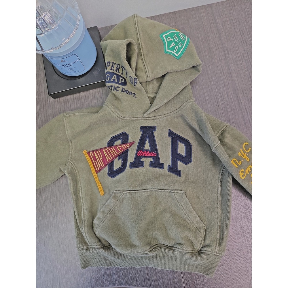 Baby Gap Athletic Hoodie Toddler 2T Logo NYC Graphic Sweatshirt Army Green RARE